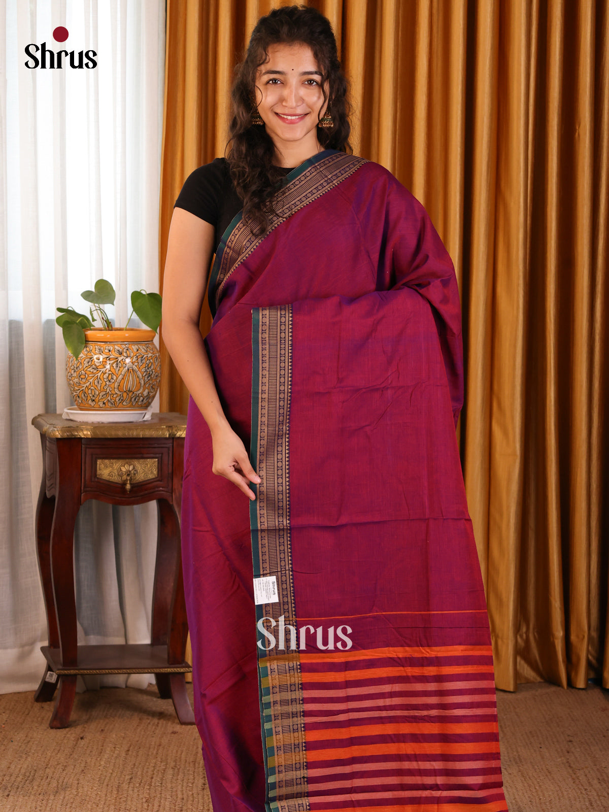 Maroon & Green- Narayanpet Cotton Saree - Shop on Shrus.com