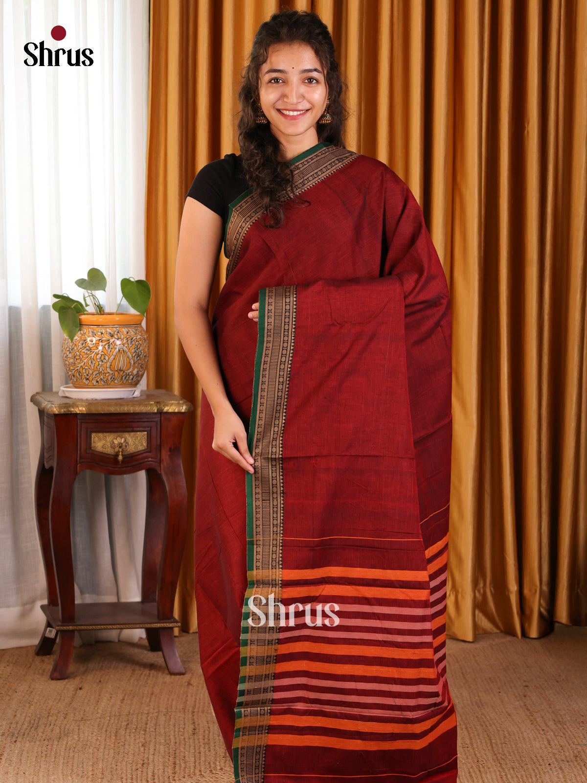 Maroon & Green - Narayanpet Cotton Saree - Shop on Shrus.com