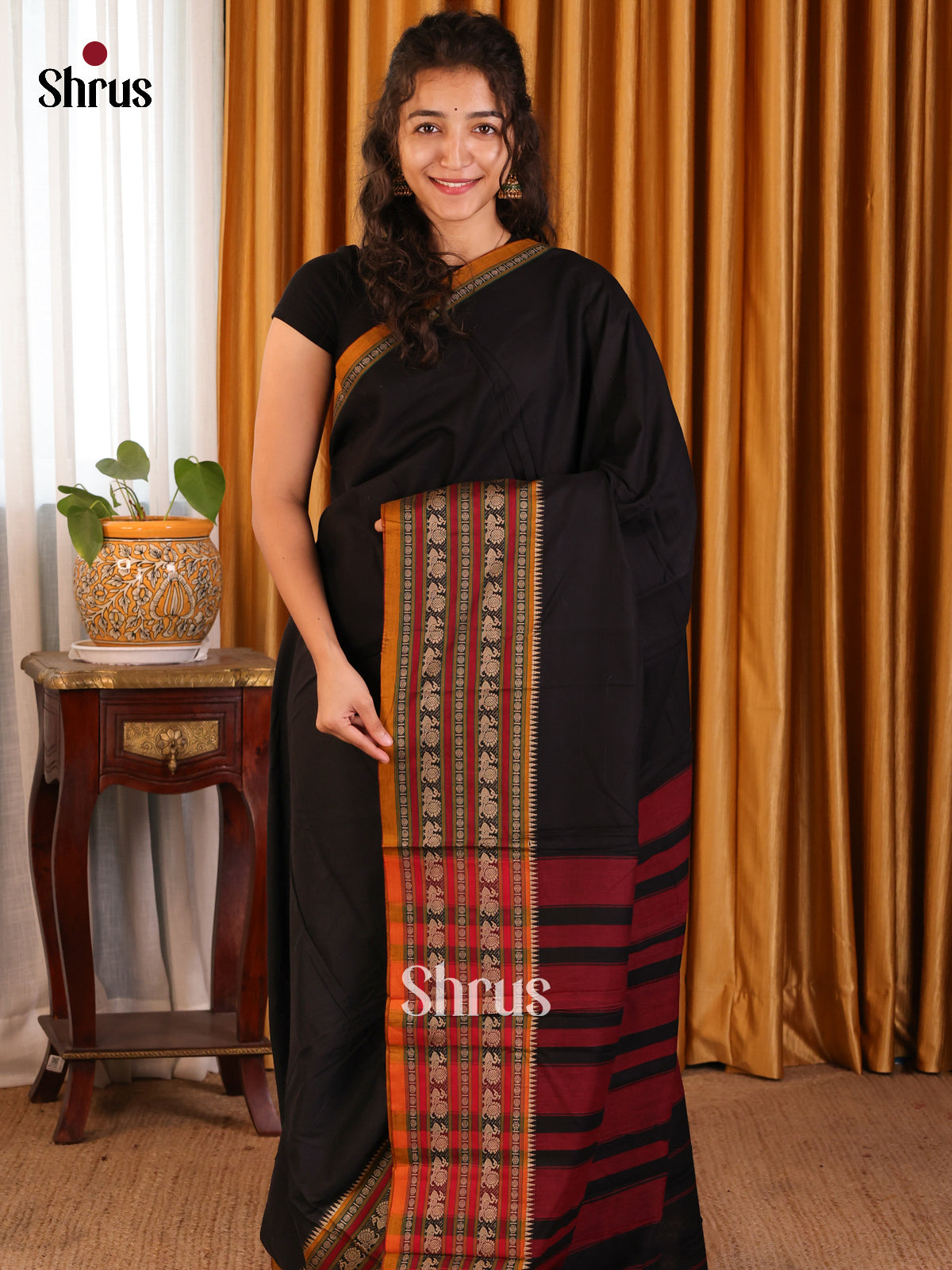 Black with Mustard - Narayanpet Cotton Saree - Shop on Shrus.com