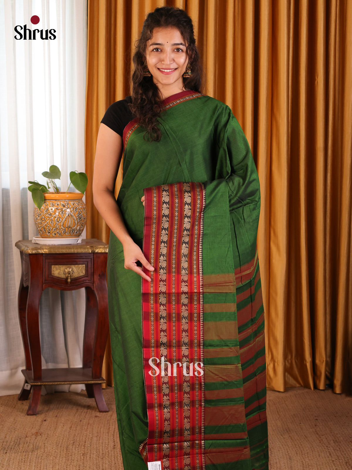 Green with Maroon - Narayanpet Cotton Saree - Shop on Shrus.com