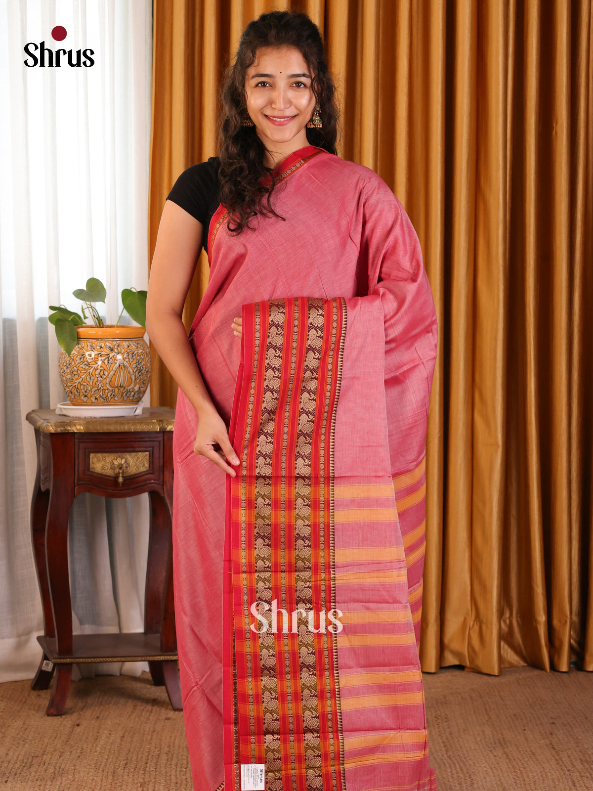 Pink with Red - Narayanpet Cotton Saree - Shop on Shrus.com