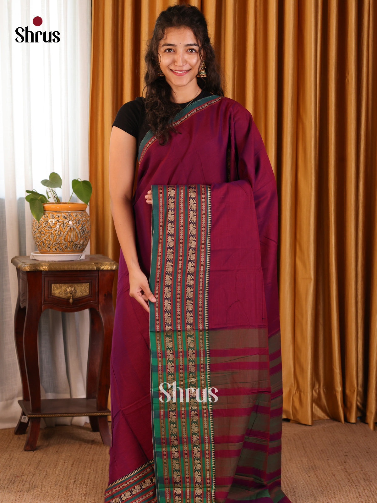 Maroon with Green- Narayanpet Cotton Saree - Shop on Shrus.com