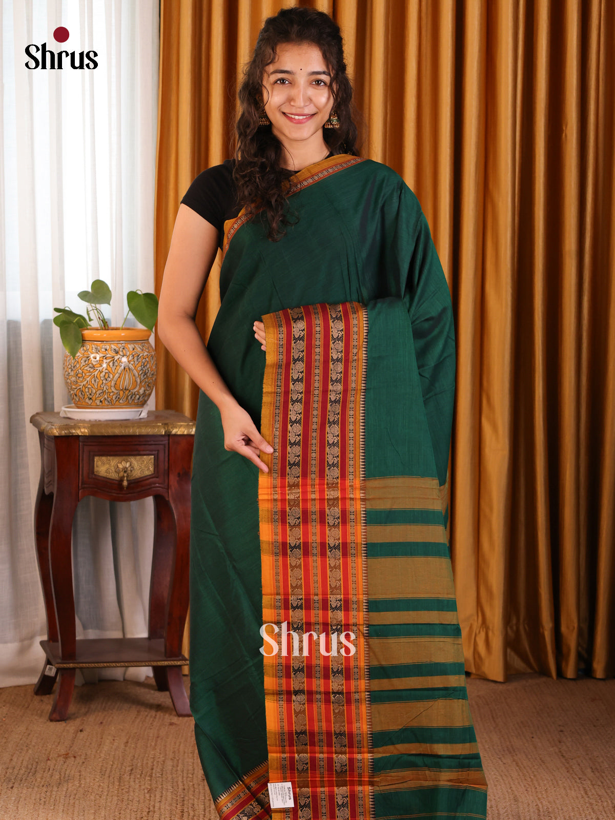 Green with Mustard- Narayanpet Cotton Saree - Shop on Shrus.com
