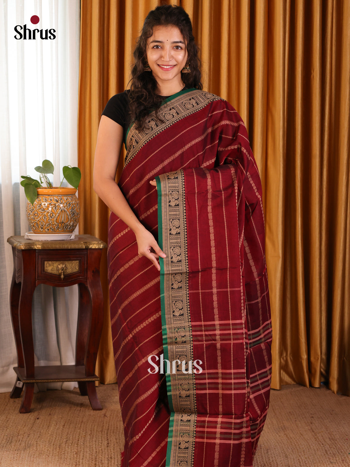 Maroon with Green - Narayanpet Cotton Saree - Shop on Shrus.com