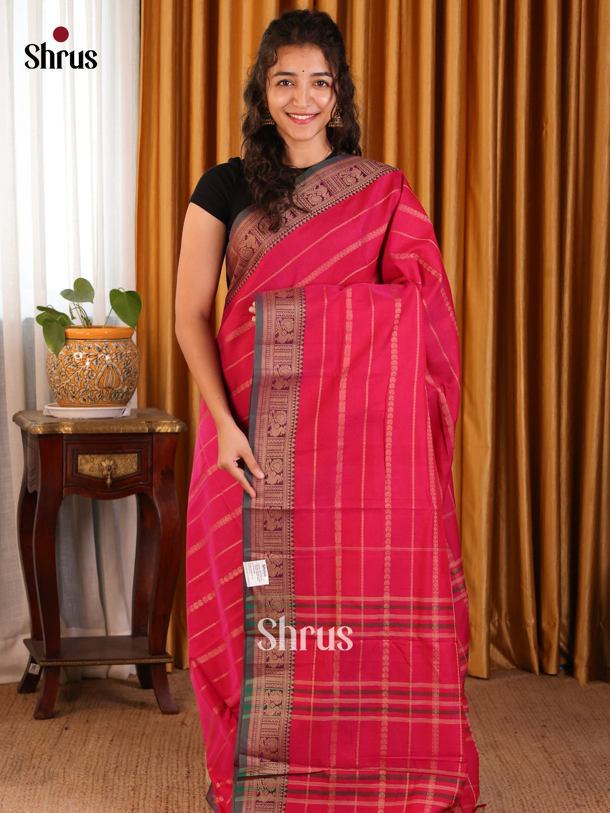Pink with Green - Narayanpet Cotton Saree - Shop on Shrus.com