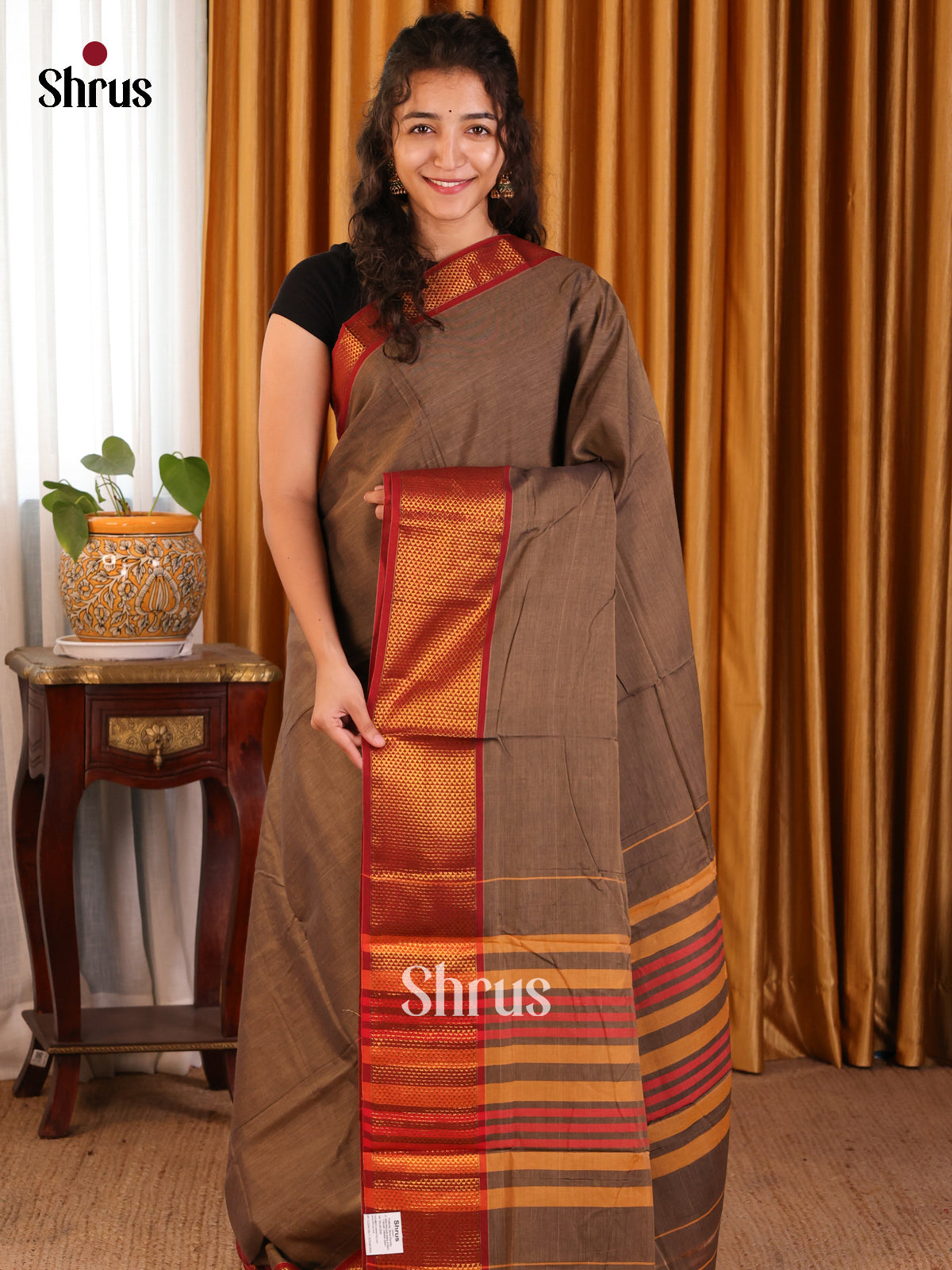 Grey with Maroon - Narayanpet Cotton Saree - Shop on Shrus.com