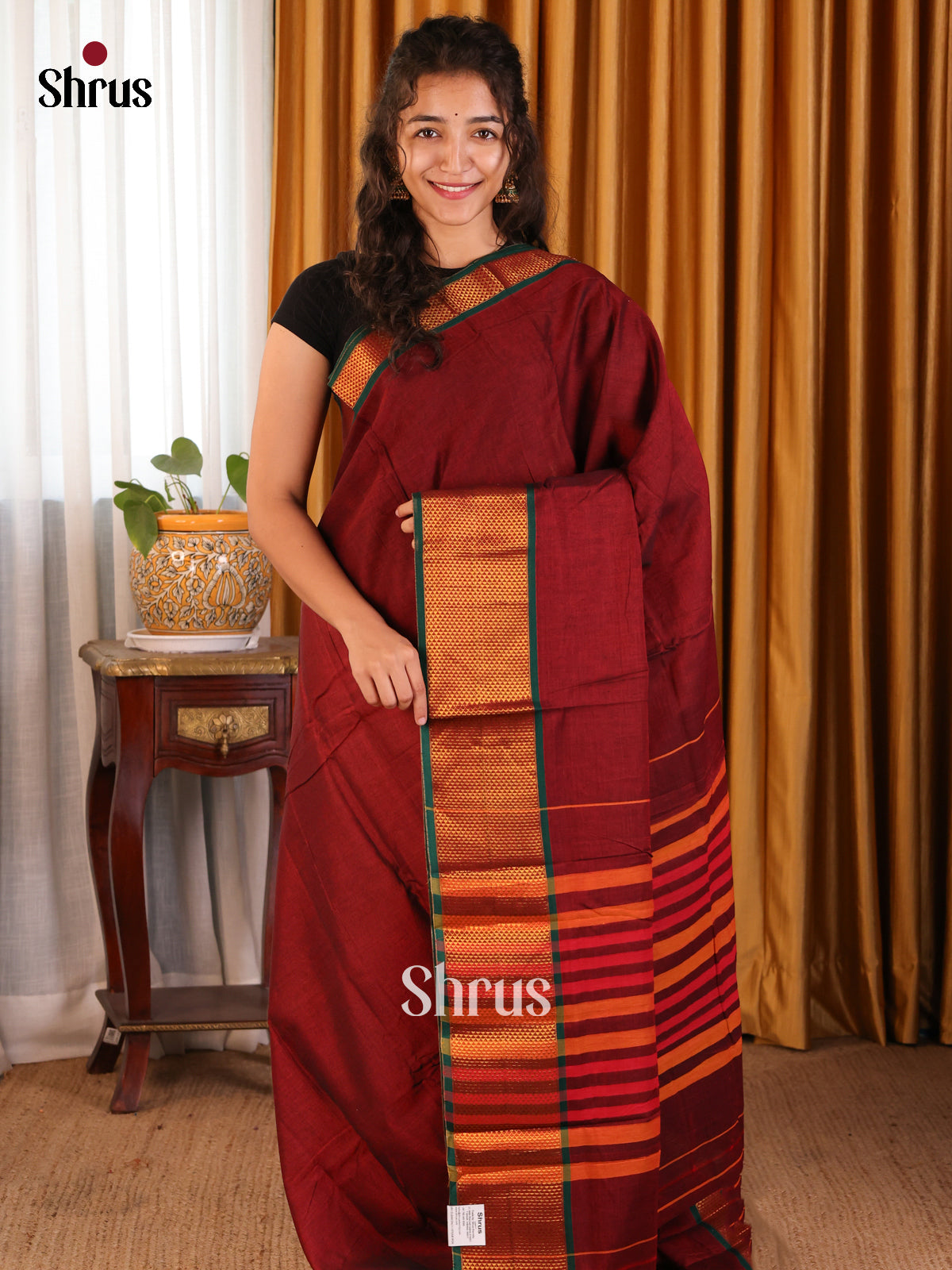 Maroon with Green - Narayanpet Cotton Saree - Shop on Shrus.com