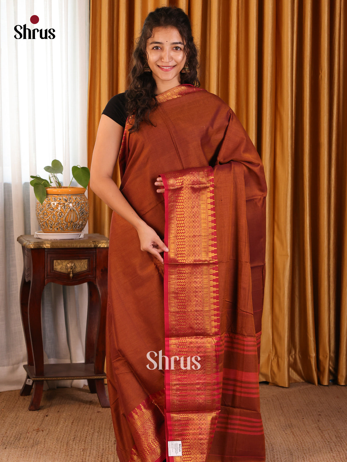 Brown with Red - Narayanpet Cotton Saree - Shop on Shrus.com