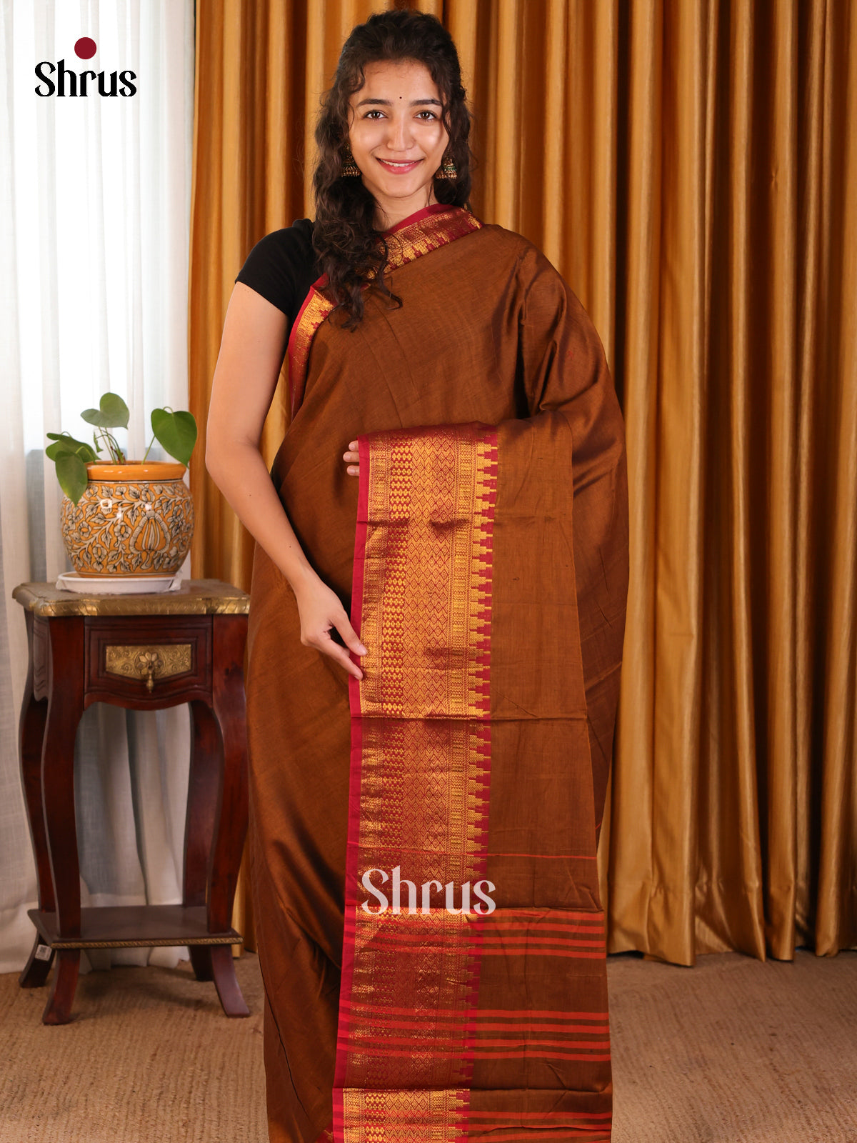 Dark Mustard & Red - Narayanpet Cotton Saree - Shop on Shrus.com