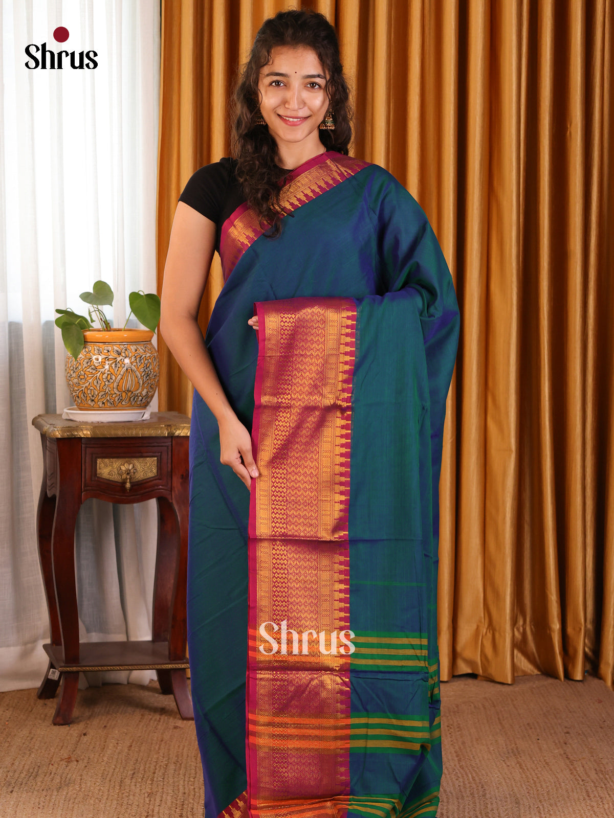 Peacock Blue & Maroon - Narayanpet Cotton Saree - Shop on Shrus.com