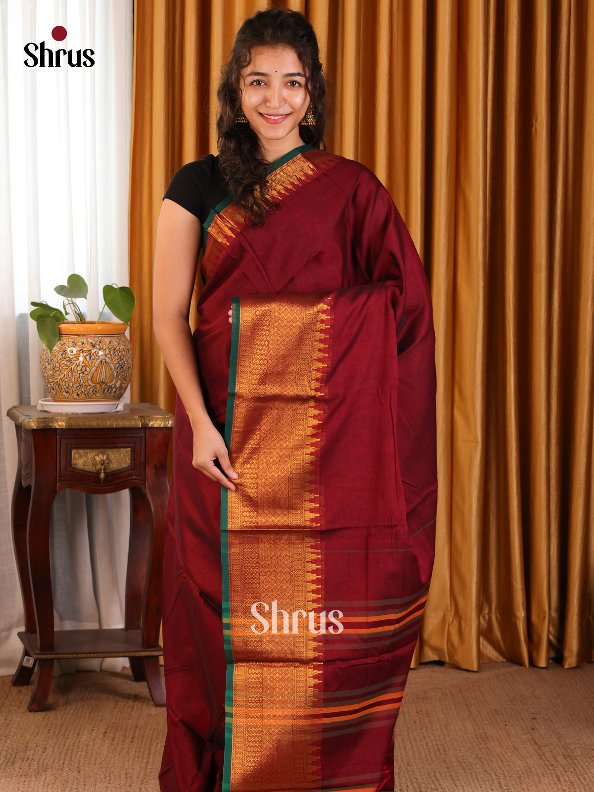 Maroon & Green - Narayanpet Cotton Saree - Shop on Shrus.com