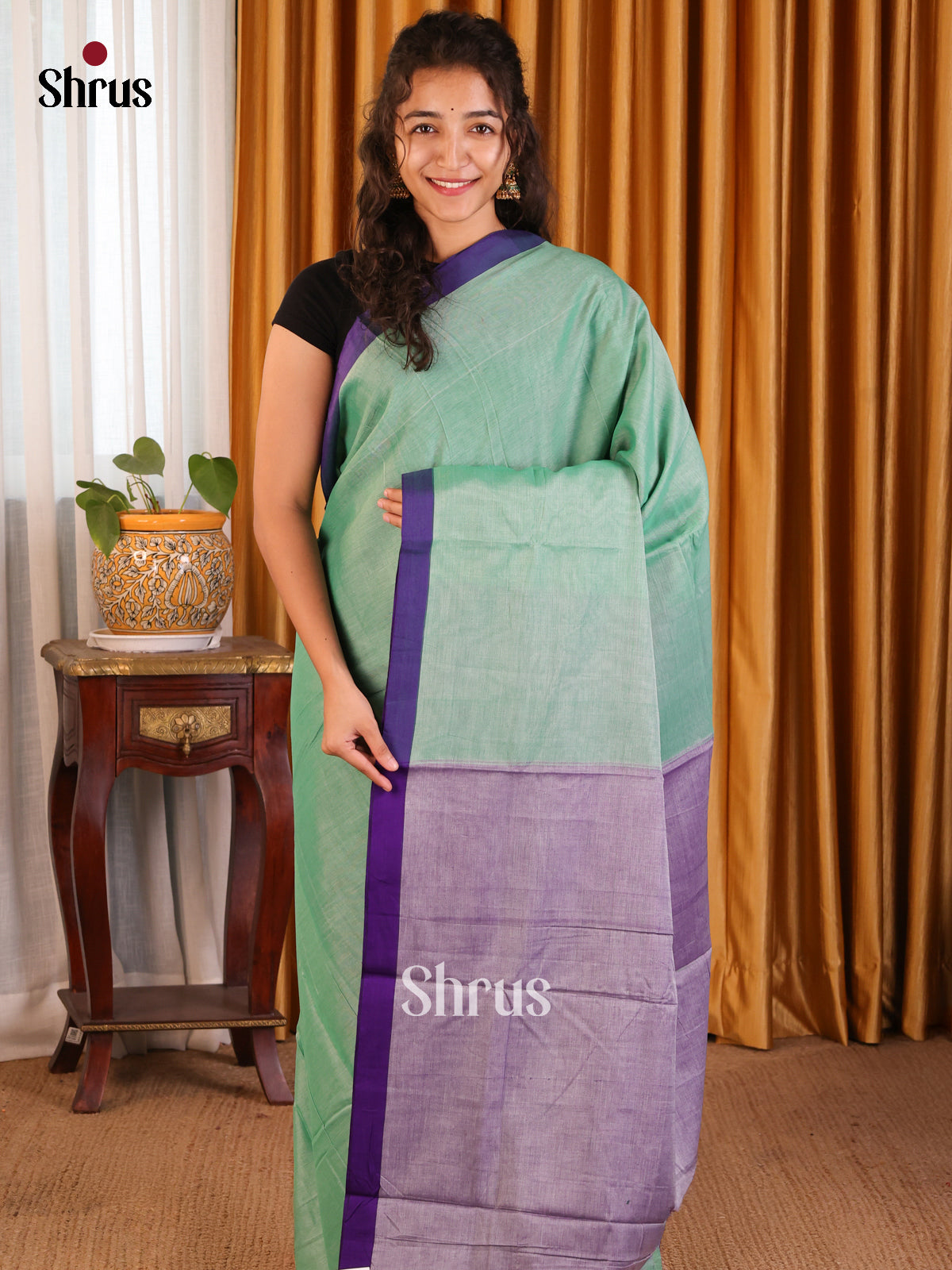 Pastel Green & Violet - Narayanpet Cotton Saree - Shop on Shrus.com