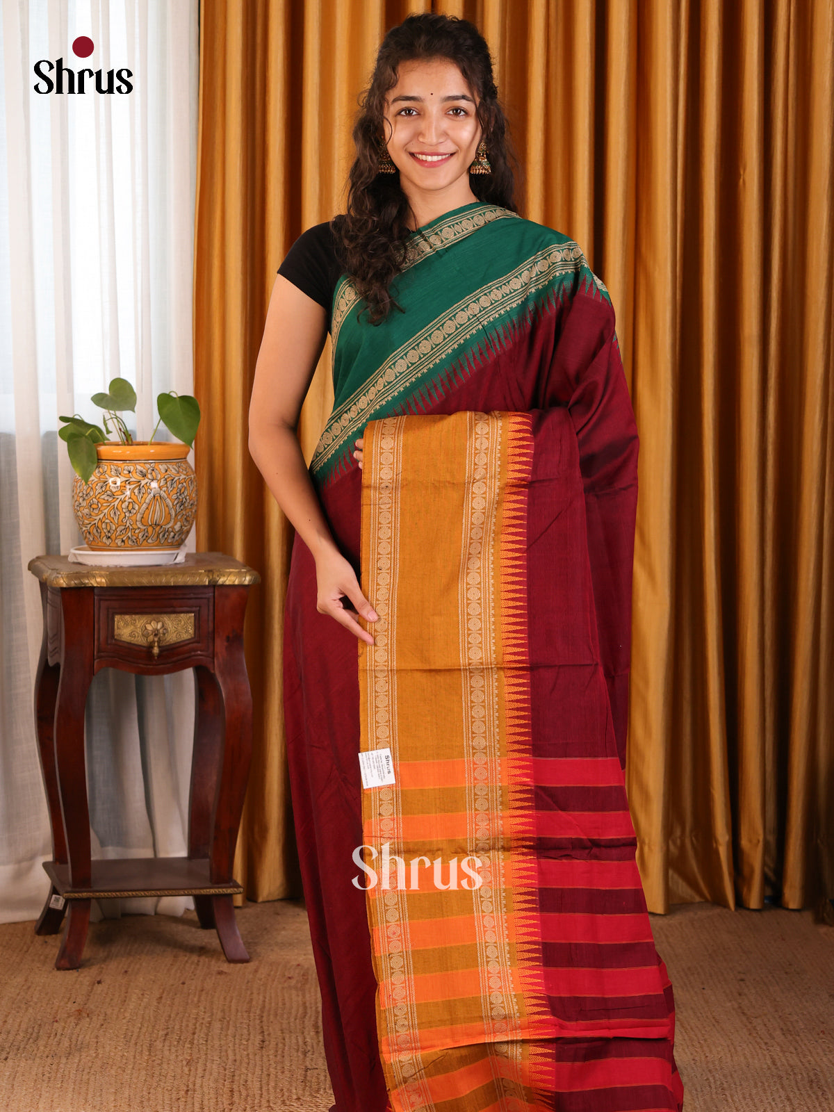 Maroon & Orange - Narayanpet Cotton Saree - Shop on Shrus.com
