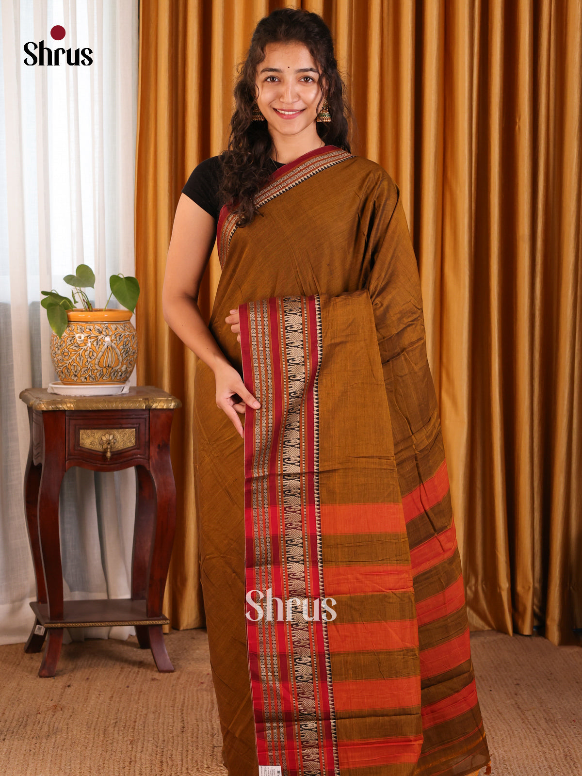 Mehandi with Maroon- Narayanpet Cotton Saree - Shop on Shrus.com
