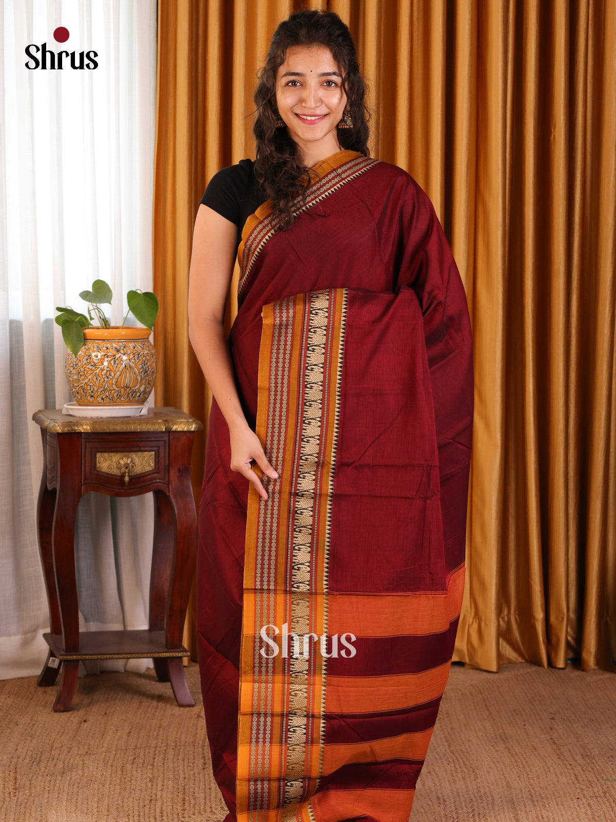 Maroon with Mustard - Narayanpet Cotton Saree - Shop on Shrus.com