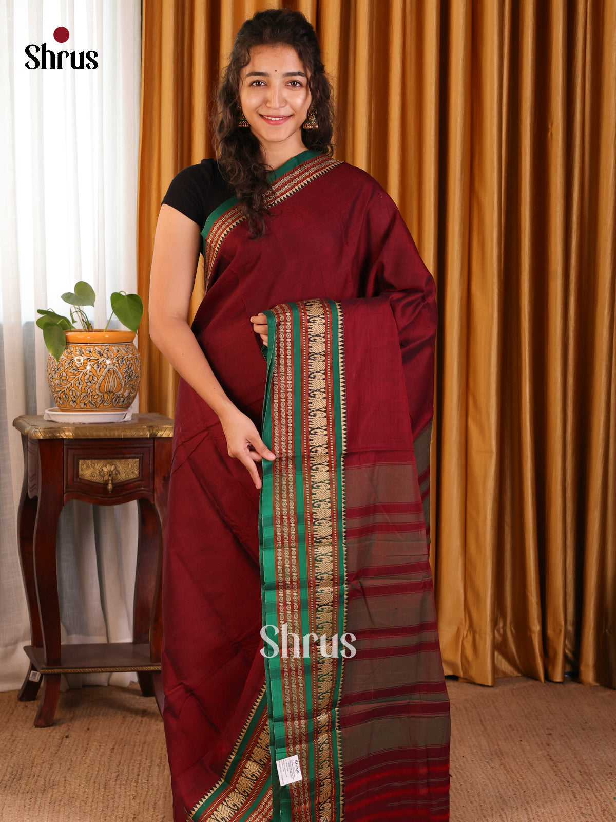 Maroon with Green - Narayanpet Cotton Saree - Shop on Shrus.com