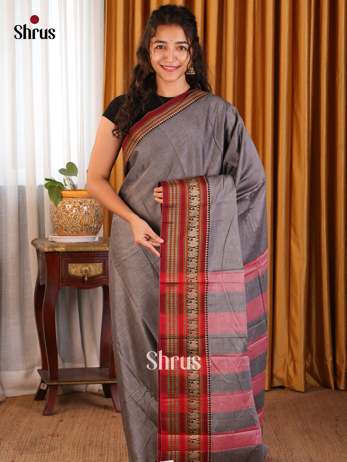 Grey with Maroon - Narayanpet Cotton Saree - Shop on Shrus.com