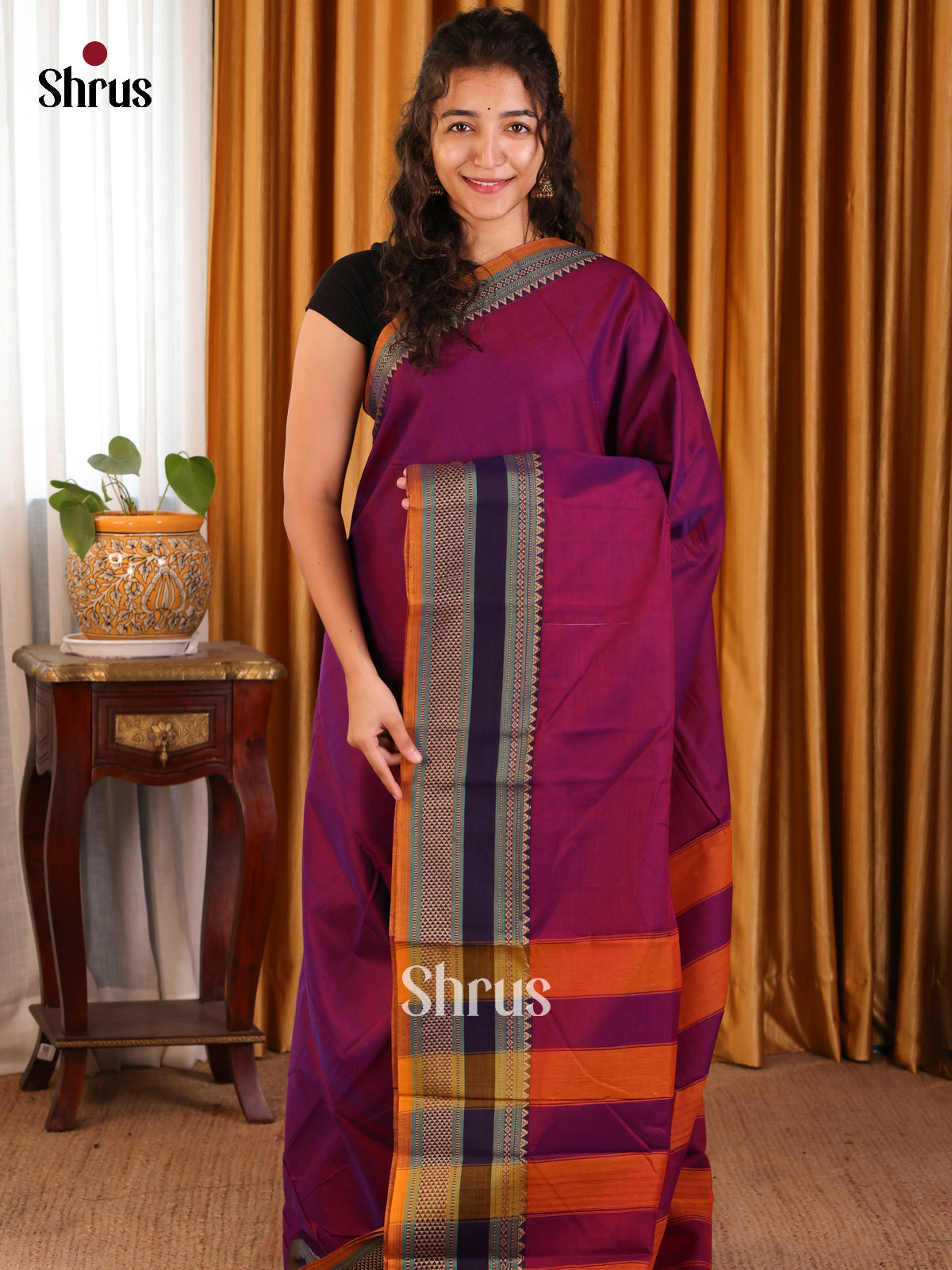 Purple with Orange - Narayanpet Cotton Saree - Shop on Shrus.com