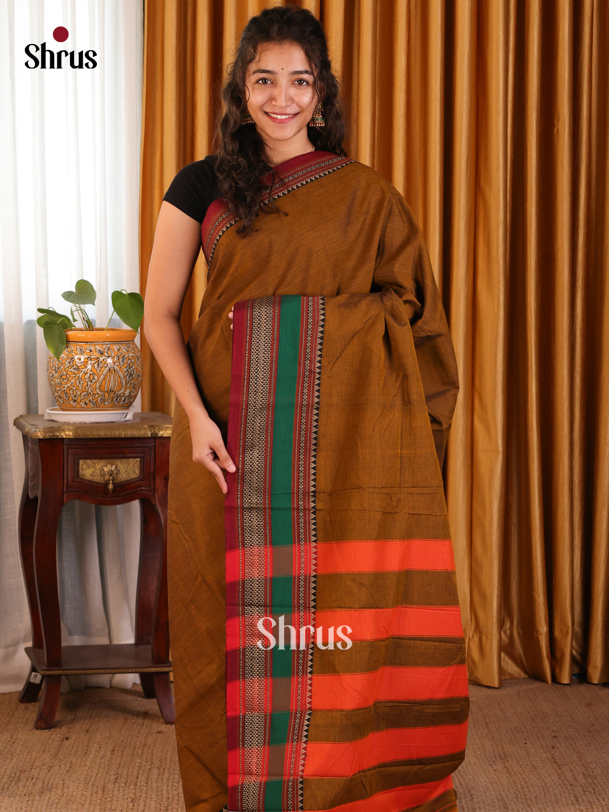 Mehandi with Brown - Narayanpet Cotton Saree - Shop on Shrus.com