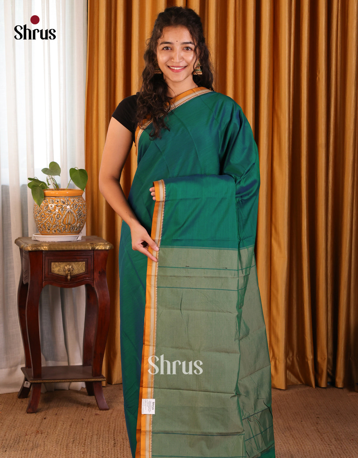 Green with Mustard - Narayanpet Cotton Saree - Shop on Shrus.com