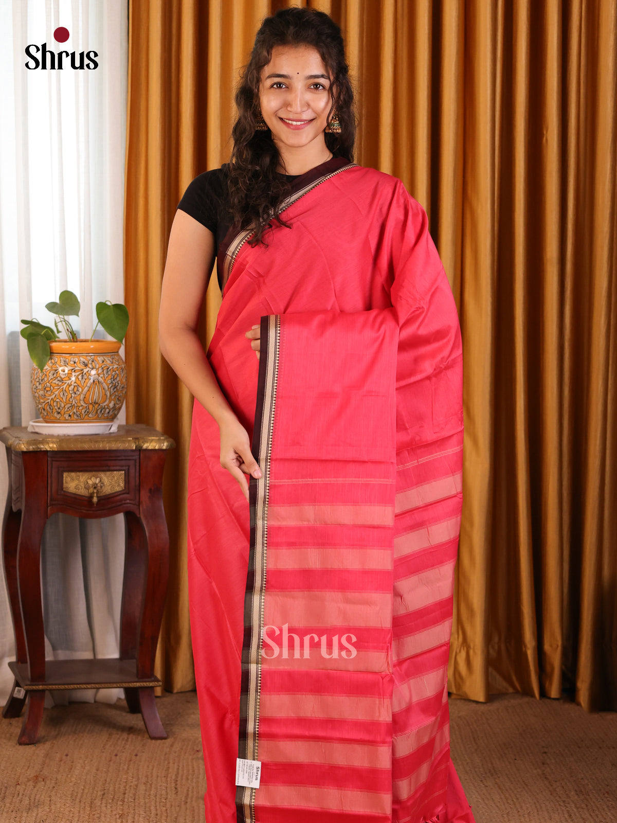 Deep Pink with brown - Narayanpet Cotton Saree - Shop on Shrus.com