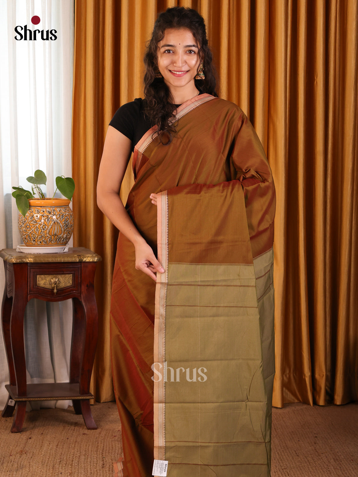 Brown with Chutney Green - Narayanpet Cotton Saree - Shop on Shrus.com