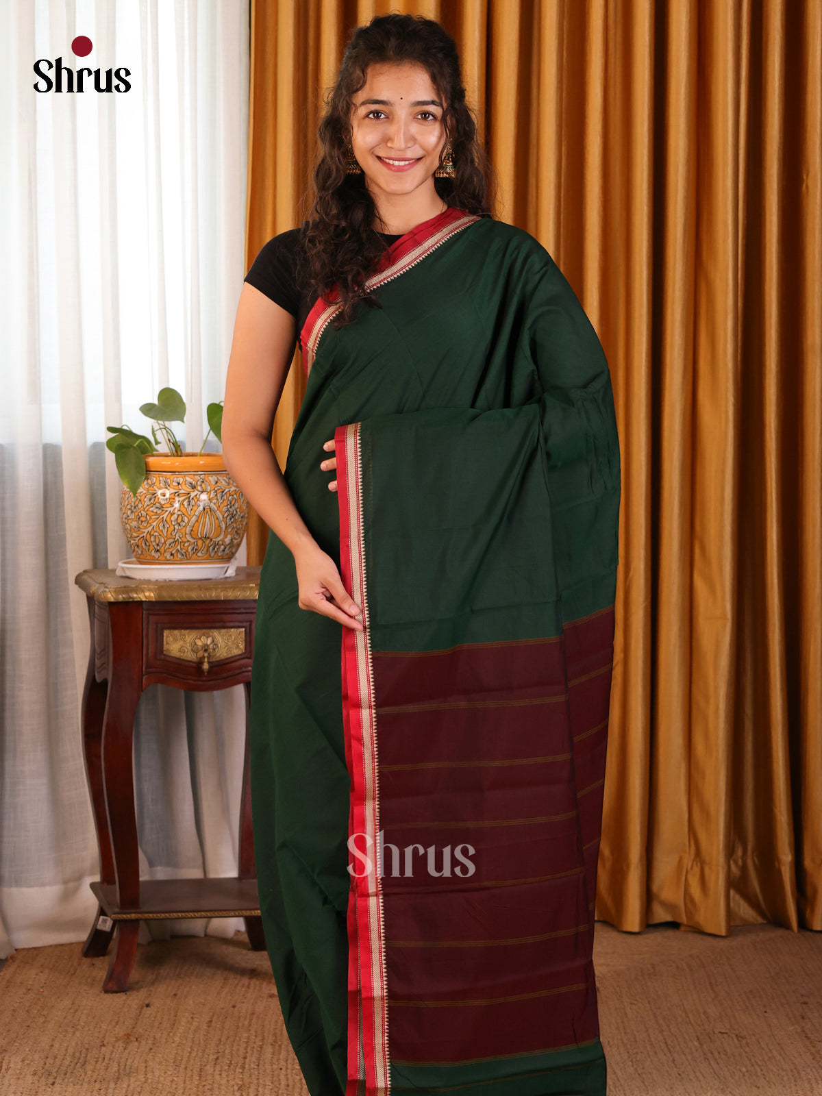 Dark green with Maroon - Narayanpet Cotton Saree - Shop on Shrus.com