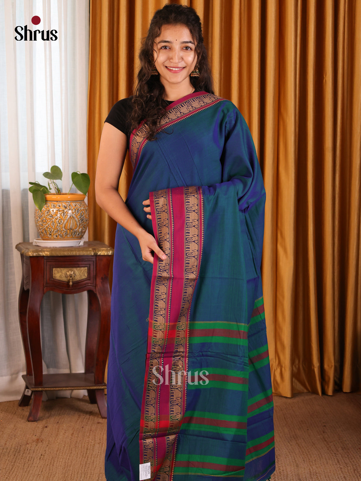 Peacock Blue & Maroon - Narayanpet Cotton Saree - Shop on Shrus.com