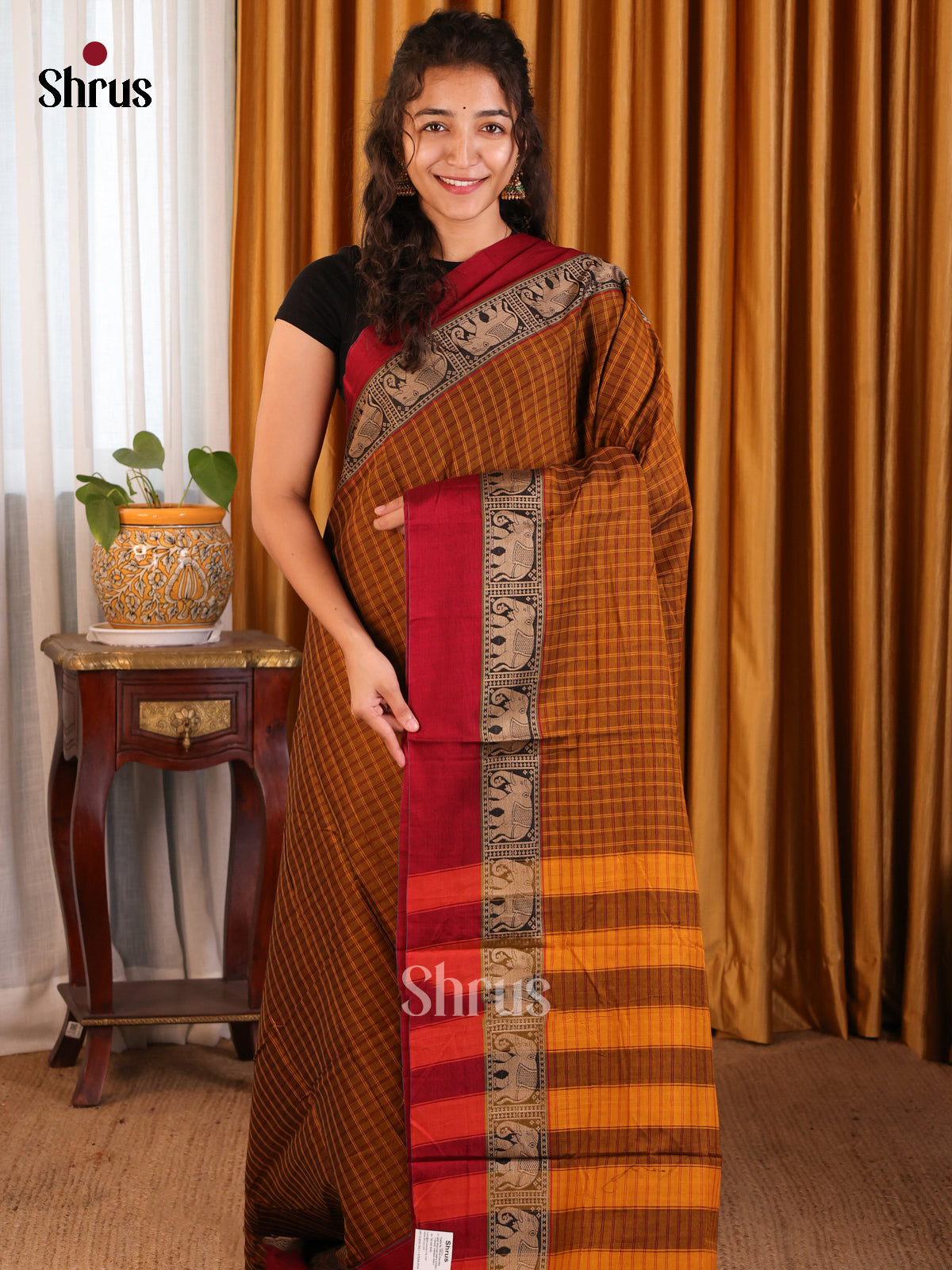 Dark Mustard & Maroon - Narayanpet Cotton Saree - Shop on Shrus.com