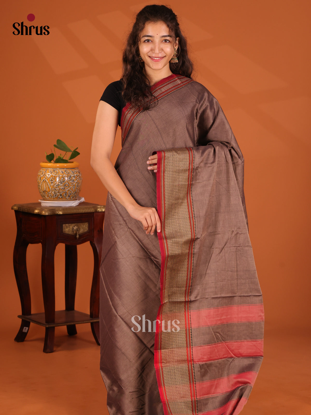Grey with Maroon - Narayanpet Cotton Saree - Shop on Shrus.com