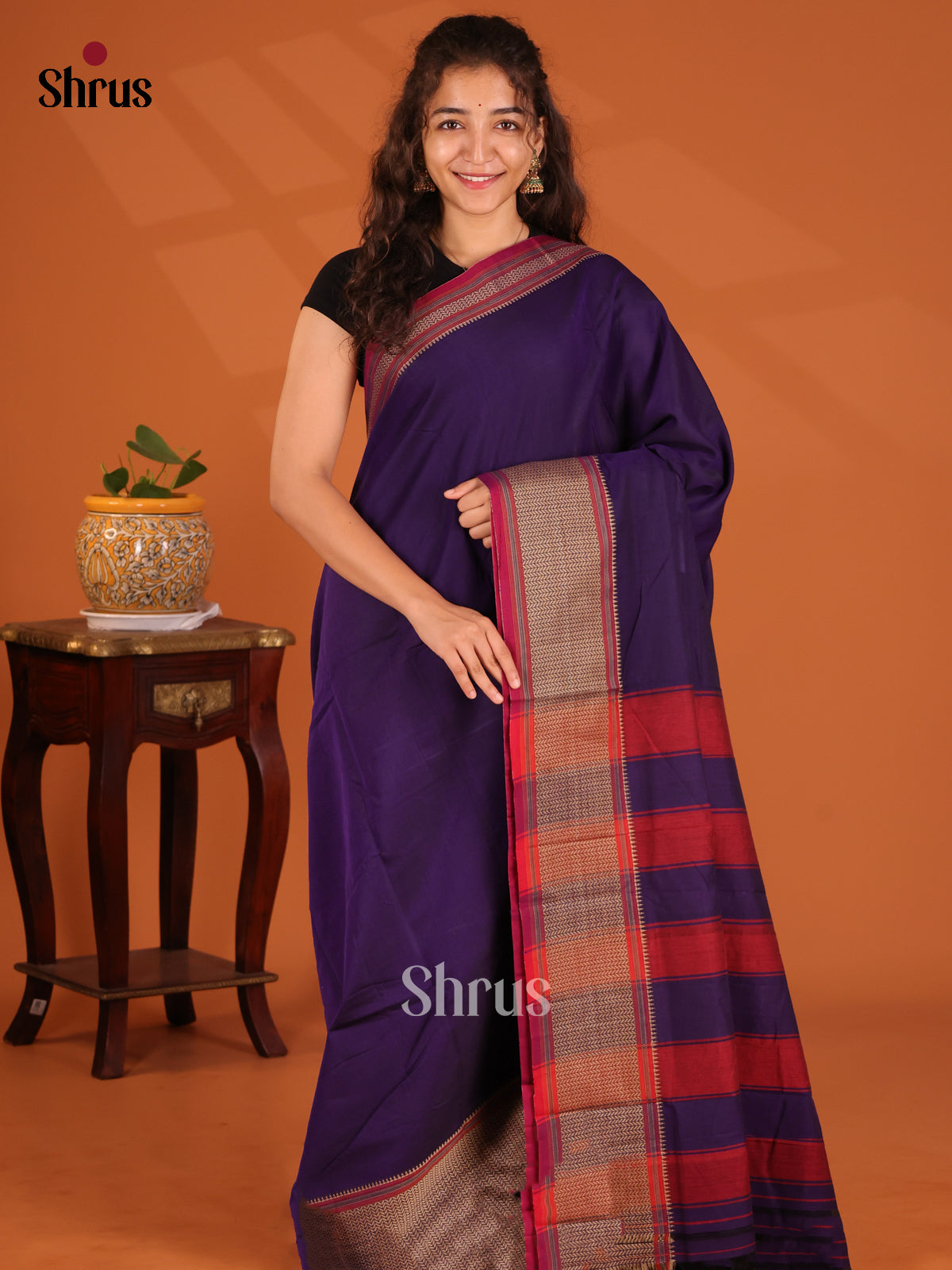 Violet with Maroon - Narayanpet Cotton Saree - Shop on Shrus.com