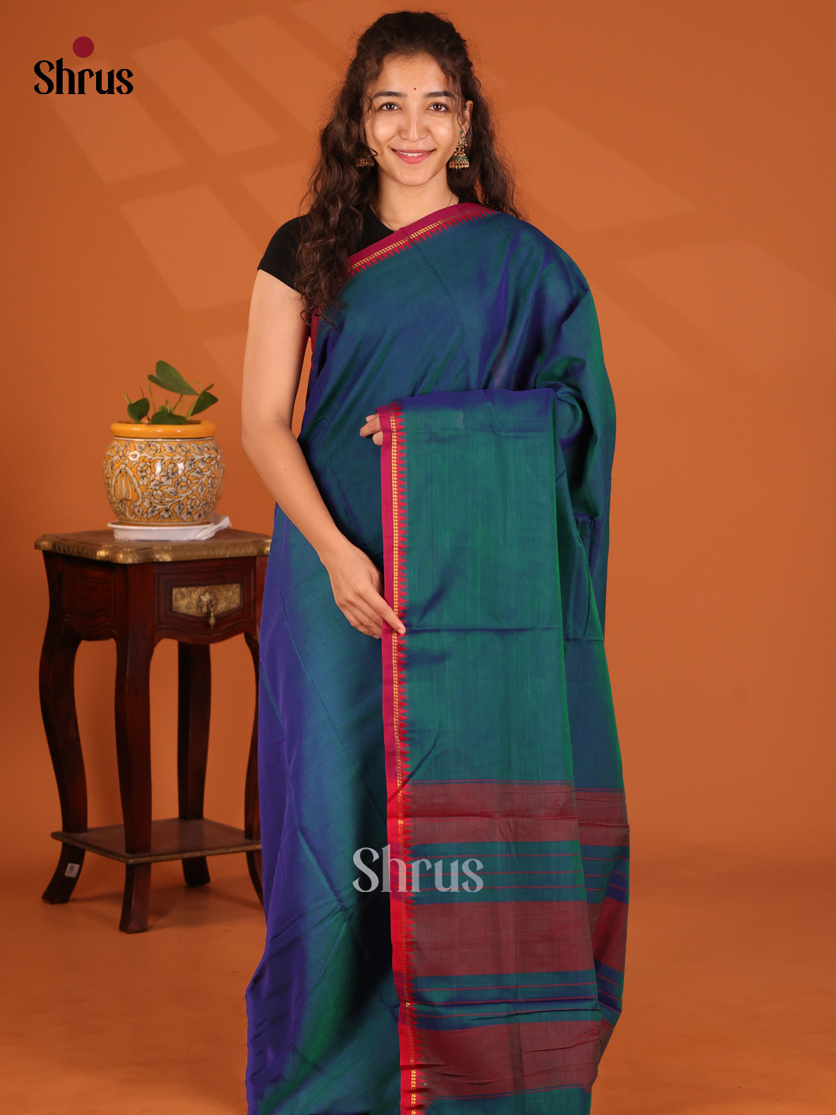 Peacock Blue & Red - Narayanpet Cotton Saree - Shop on Shrus.com