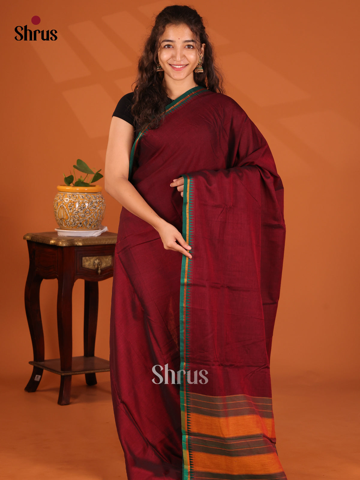 Maroon with Green- Narayanpet Cotton Saree - Shop on Shrus.com