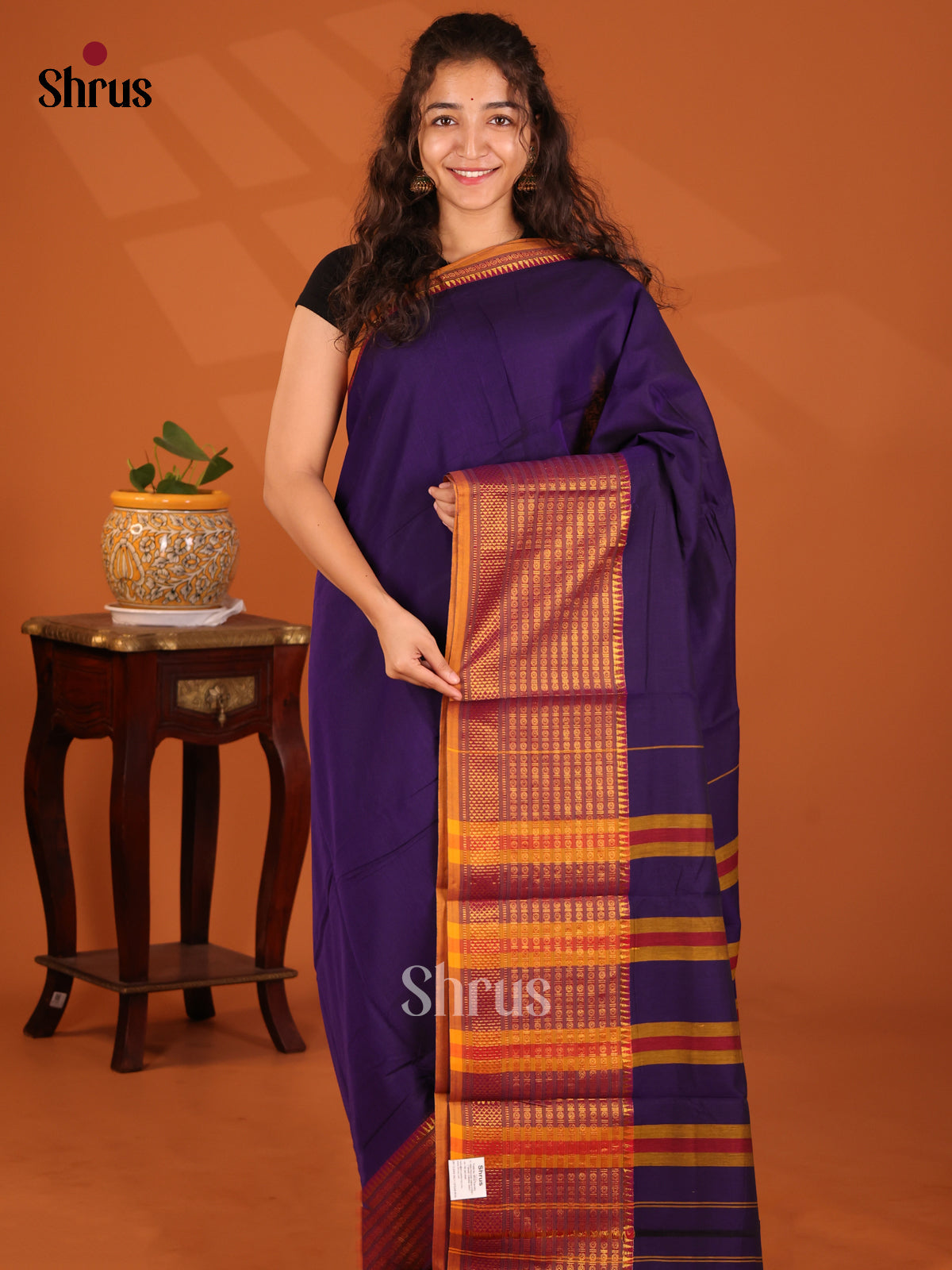Violet with Mustard - Narayanpet Cotton Saree - Shop on Shrus.com
