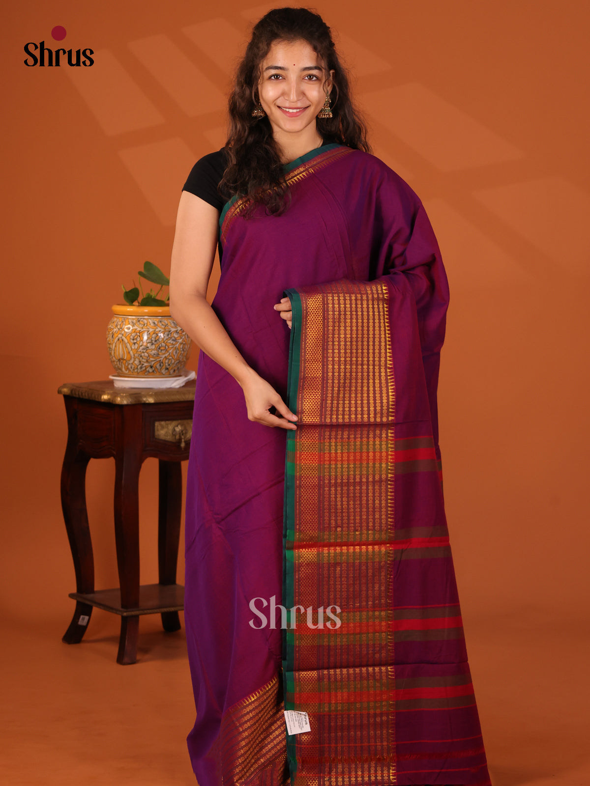 Purple with Green - Narayanpet Cotton Saree - Shop on Shrus.com