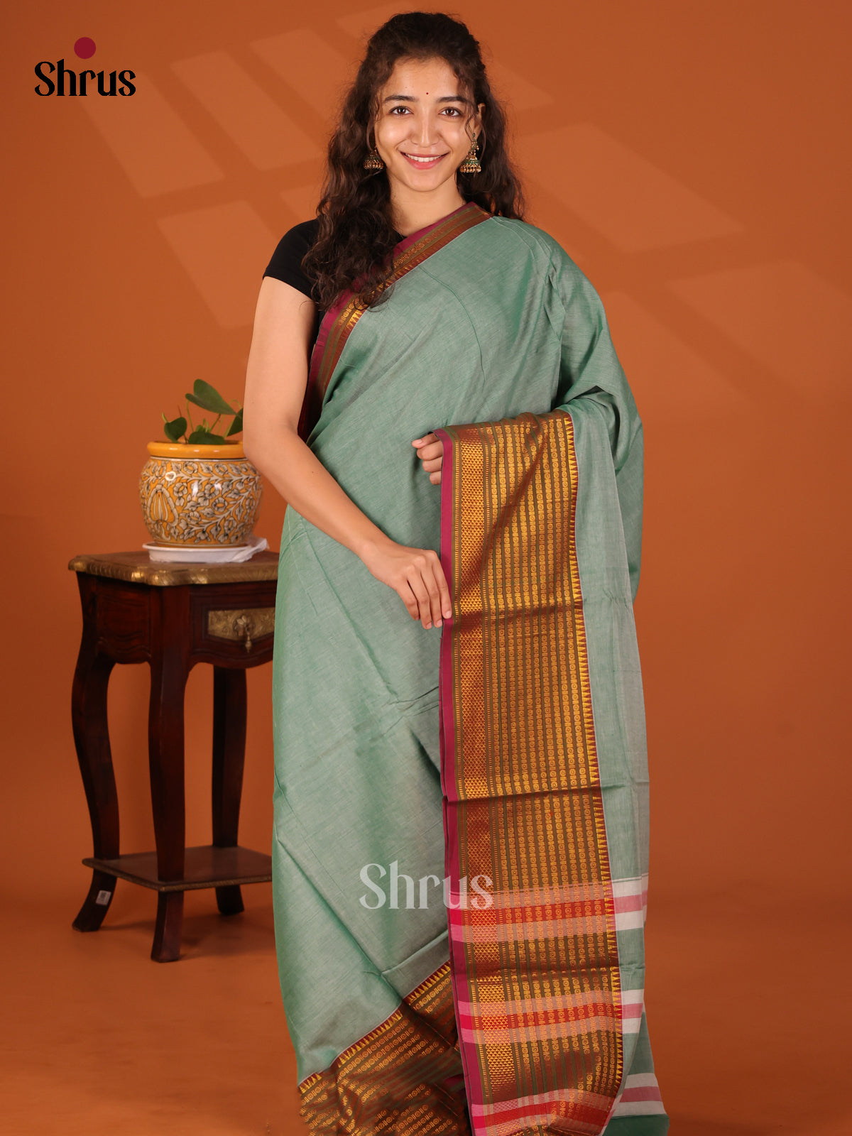 Pastel Green with Maroon - Narayanpet Cotton Saree - Shop on Shrus.com