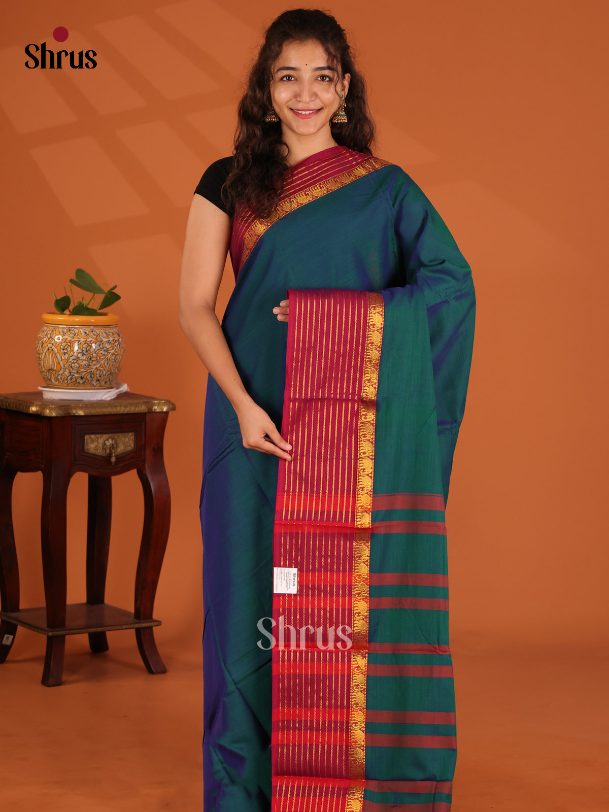 Peacock Blue with Maroon- Narayanpet Cotton Saree - Shop on Shrus.com