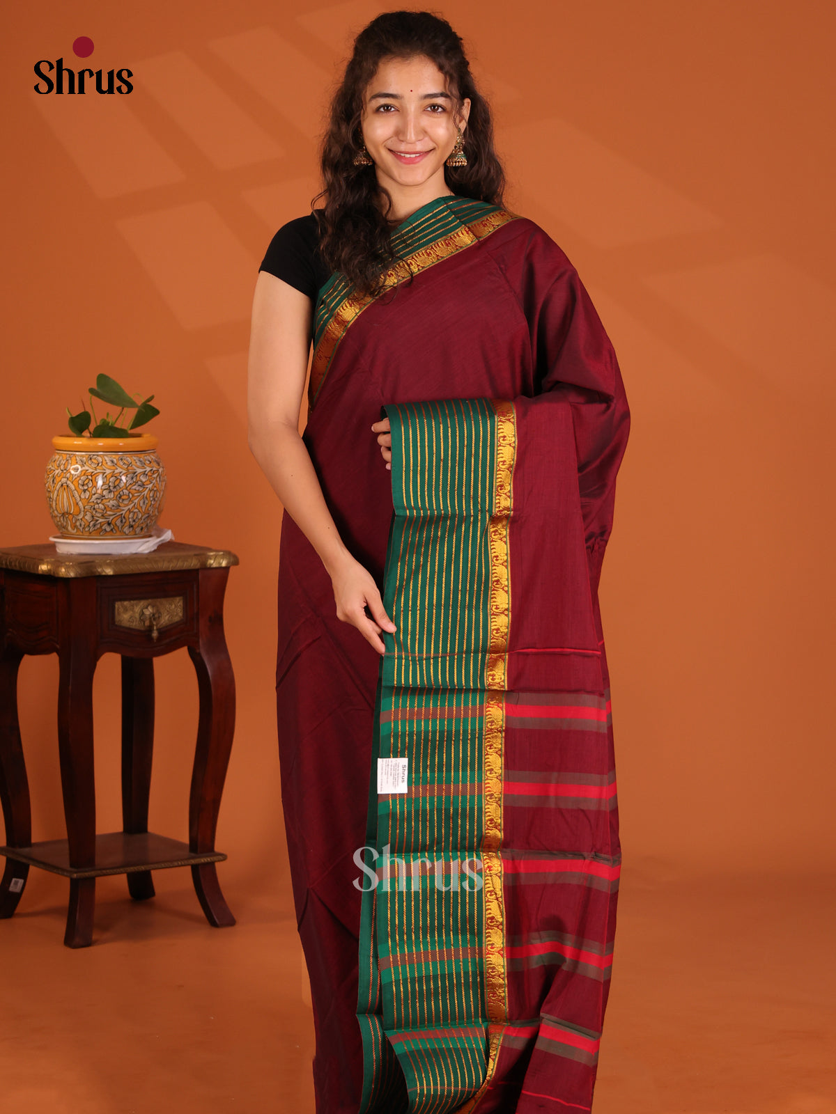 Maroon with Green - Narayanpet Cotton Saree - Shop on Shrus.com