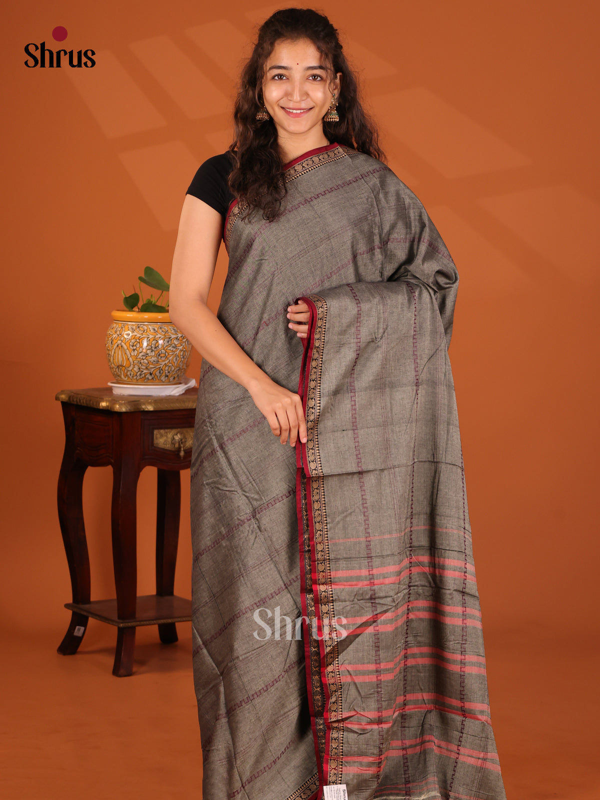 Grey with Maroon - Narayanpet Cotton Saree - Shop on Shrus.com