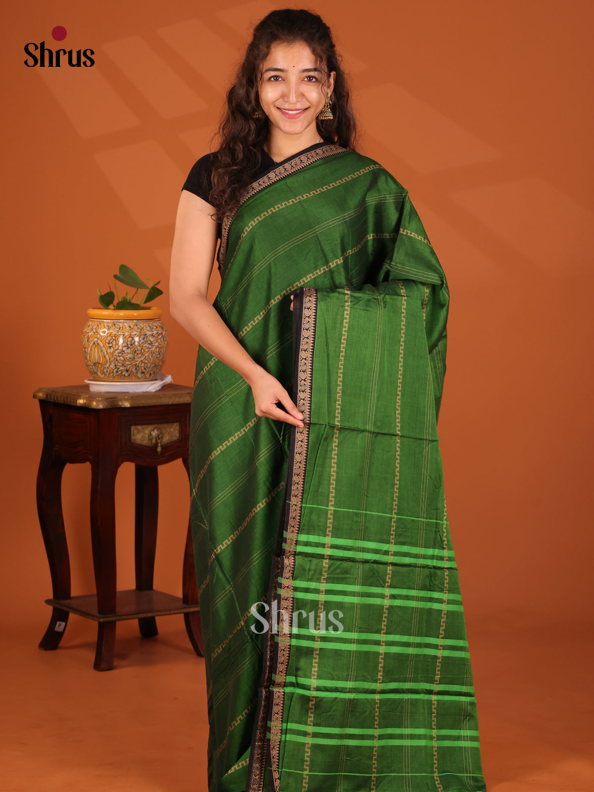 Green with Black - Narayanpet Cotton Saree - Shop on Shrus.com
