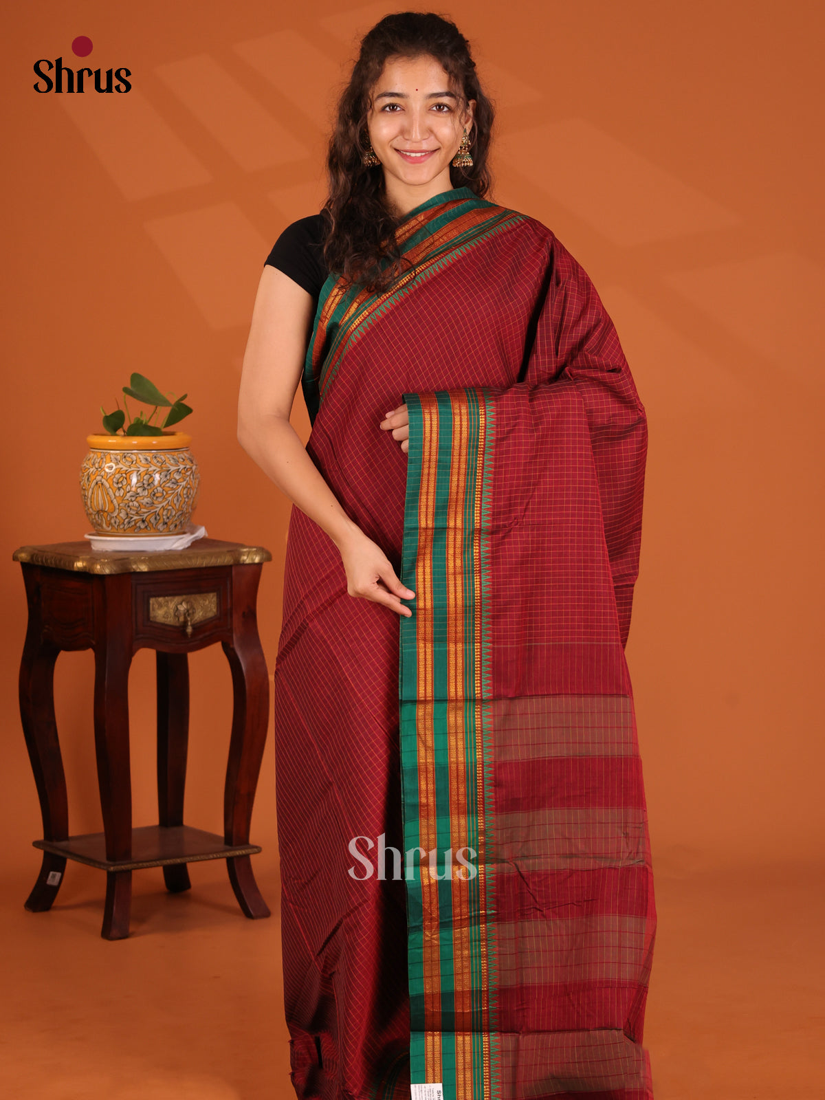 Maroon with Green - Narayanpet Cotton Saree - Shop on Shrus.com