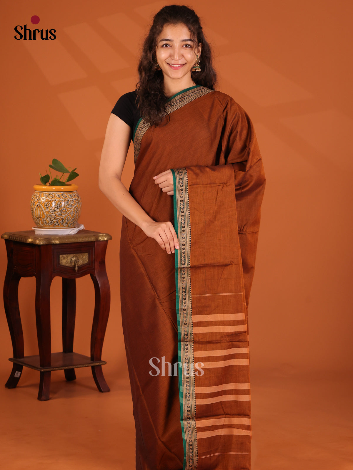 Dark Mustard with Green - Narayanpet Cotton Saree - Shop on Shrus.com