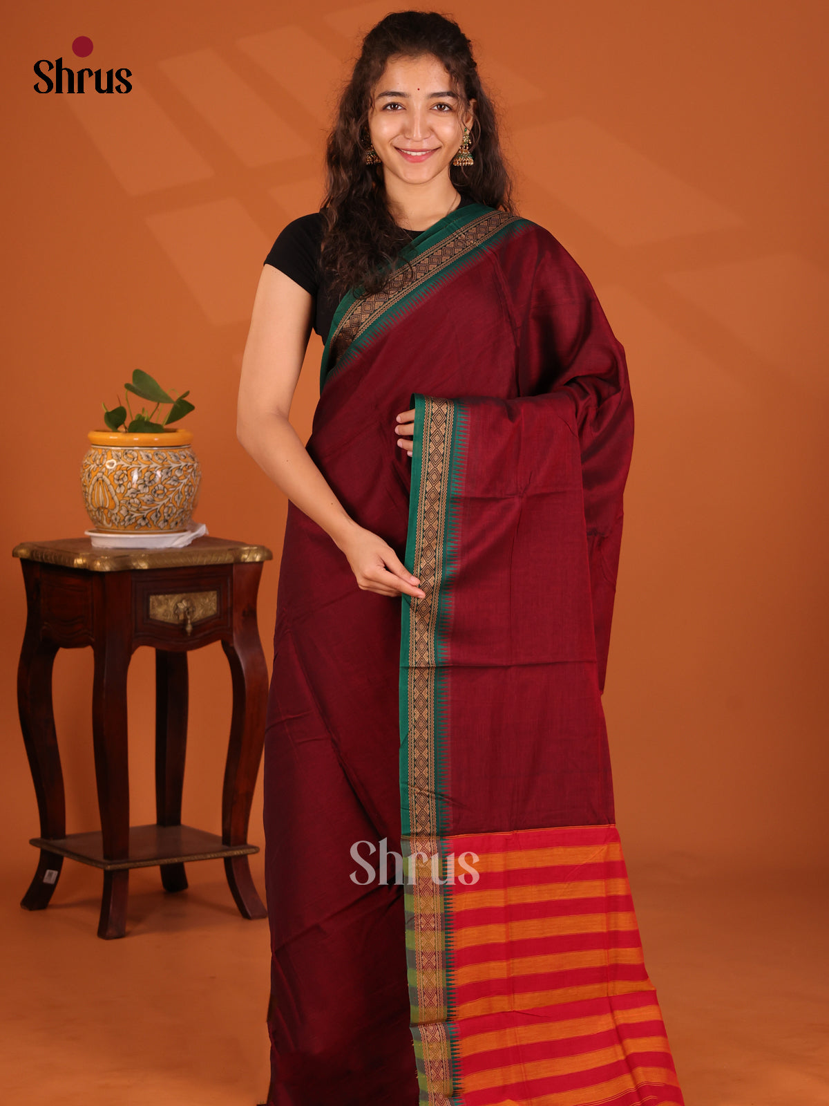 Maroon with Green - Narayanpet Cotton Saree - Shop on Shrus.com