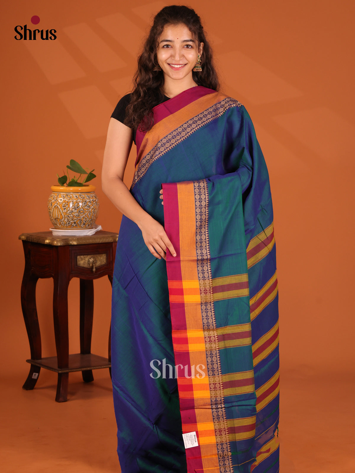 Peacock Blue with Maroon - Narayanpet Cotton Saree - Shop on Shrus.com