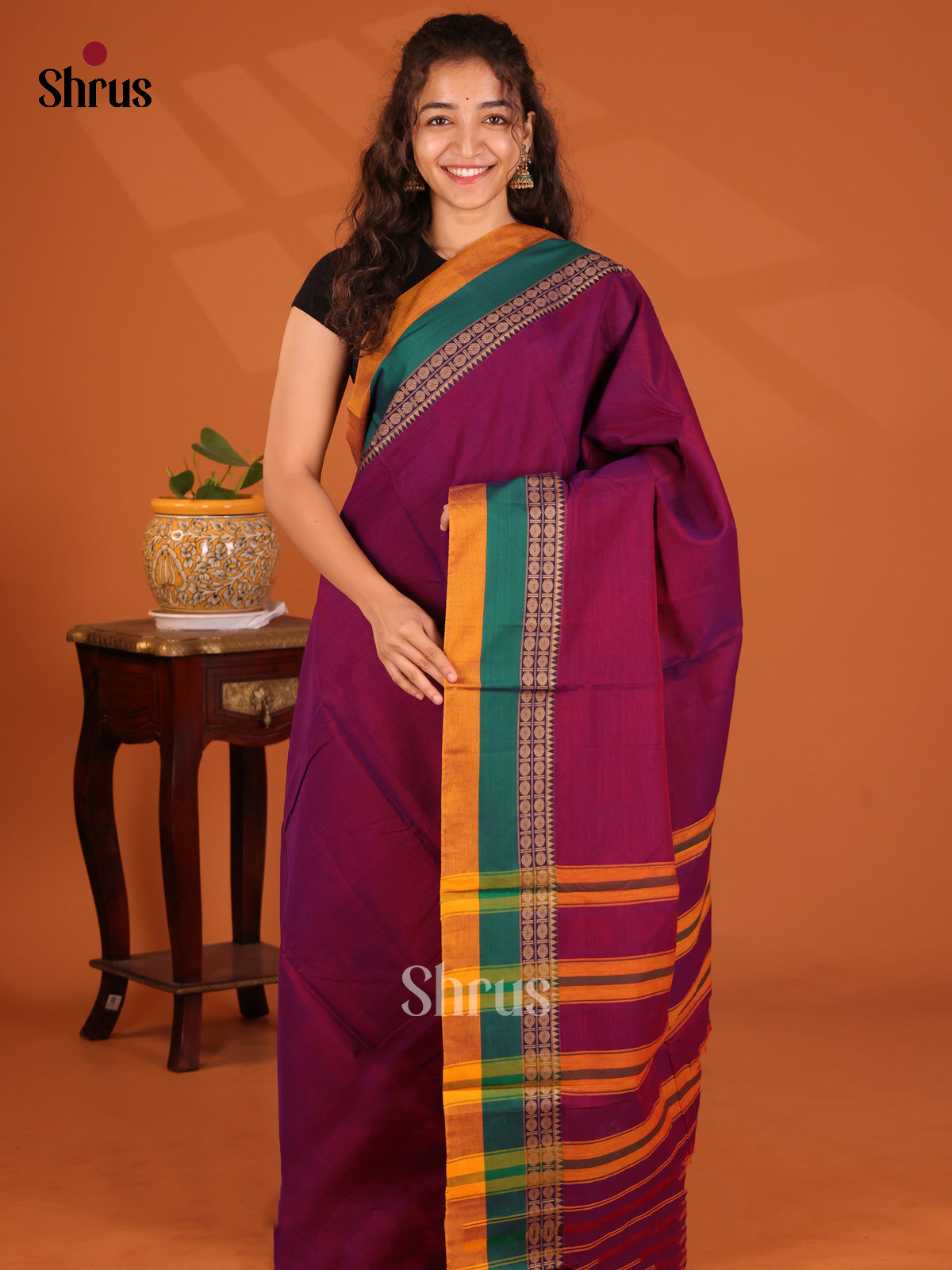 Purple with Green - Narayanpet Cotton Saree - Shop on Shrus.com