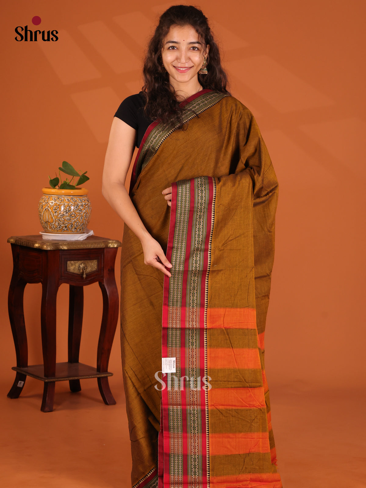 Mustard with Maroon - Narayanpet Cotton Saree - Shop on Shrus.com