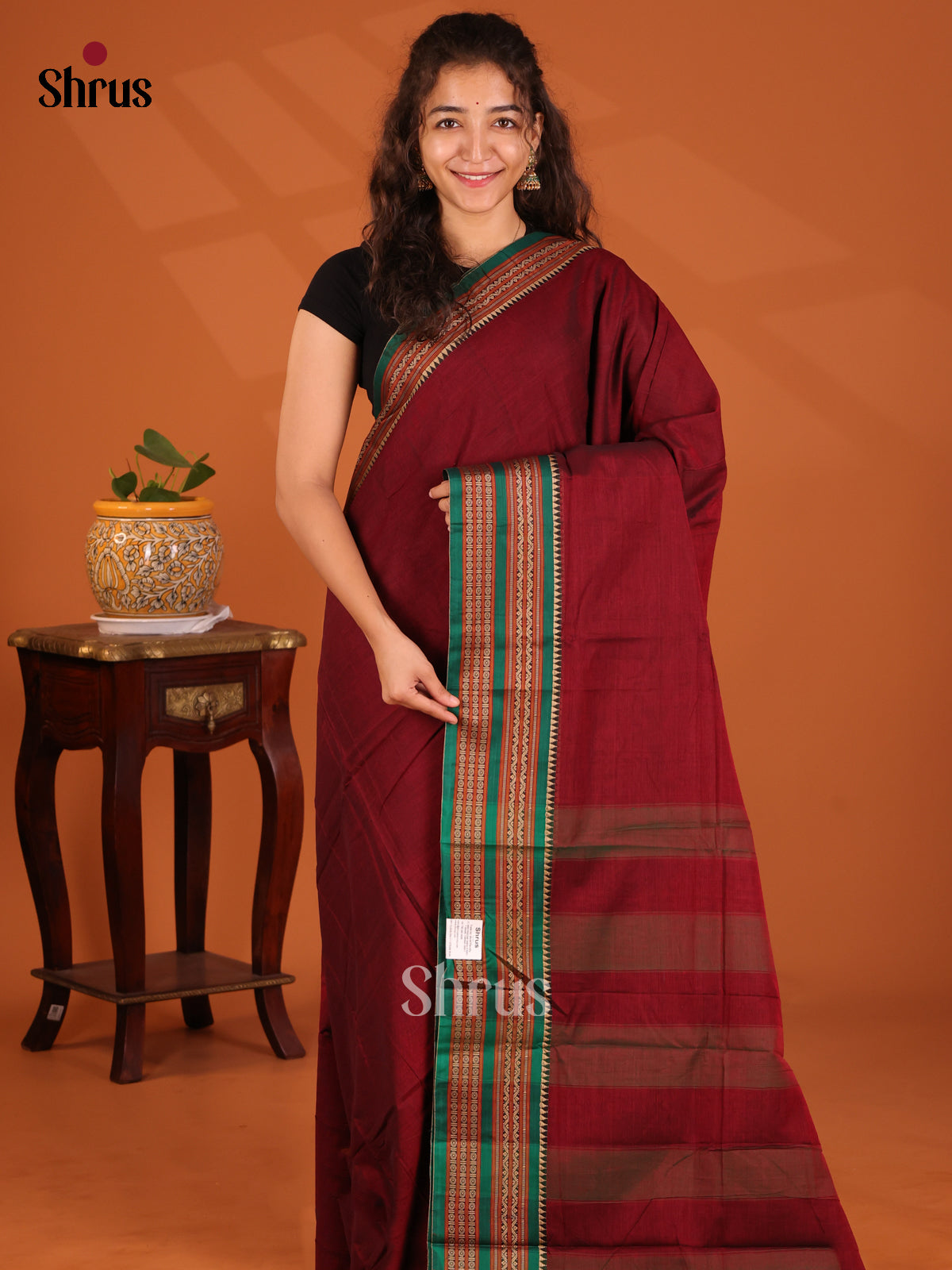 Maroon with Green - Narayanpet Cotton Saree - Shop on Shrus.com