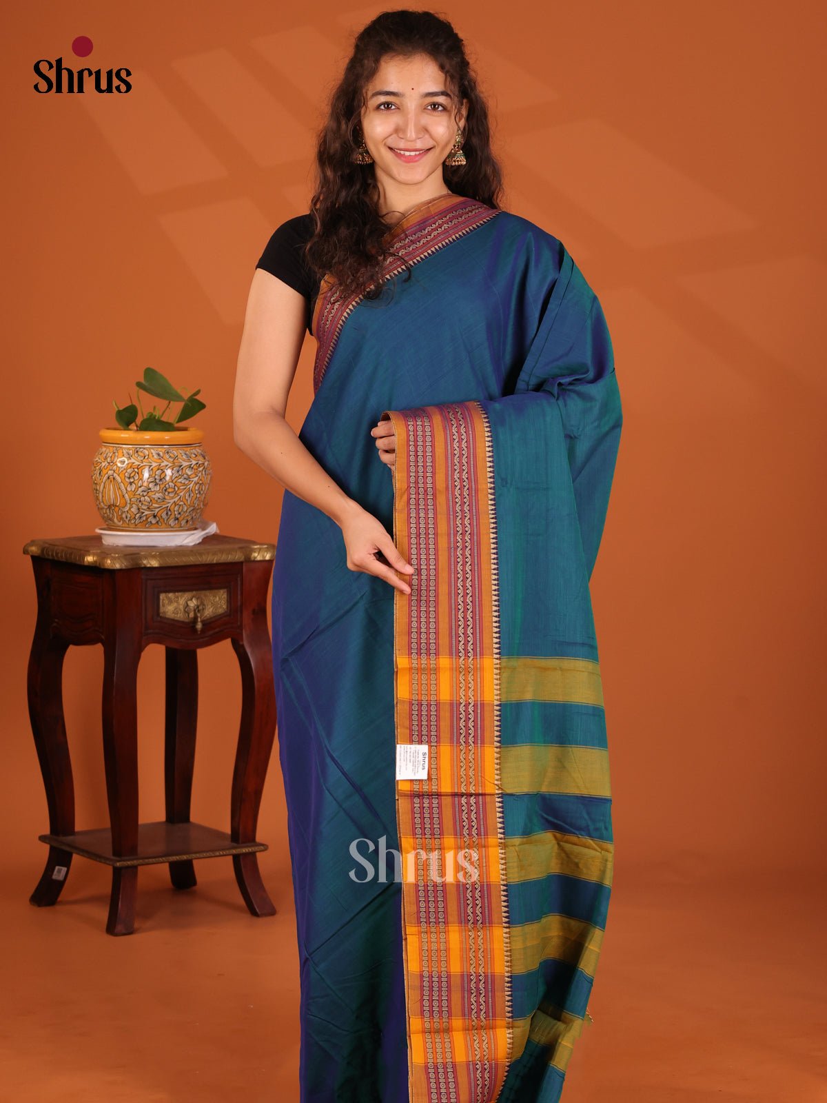Blue with Mustard - Narayanpet Cotton Saree - Shop on Shrus.com