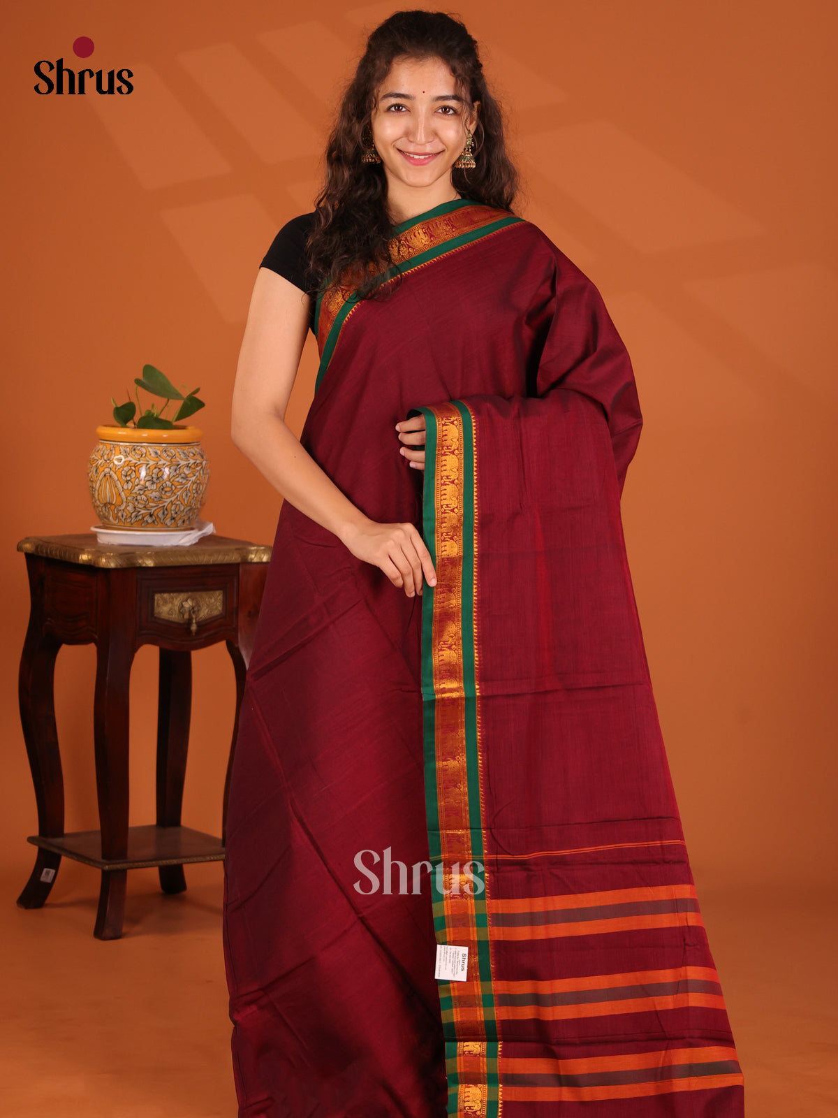 Maroon with Green - Narayanpet Cotton Saree - Shop on Shrus.com
