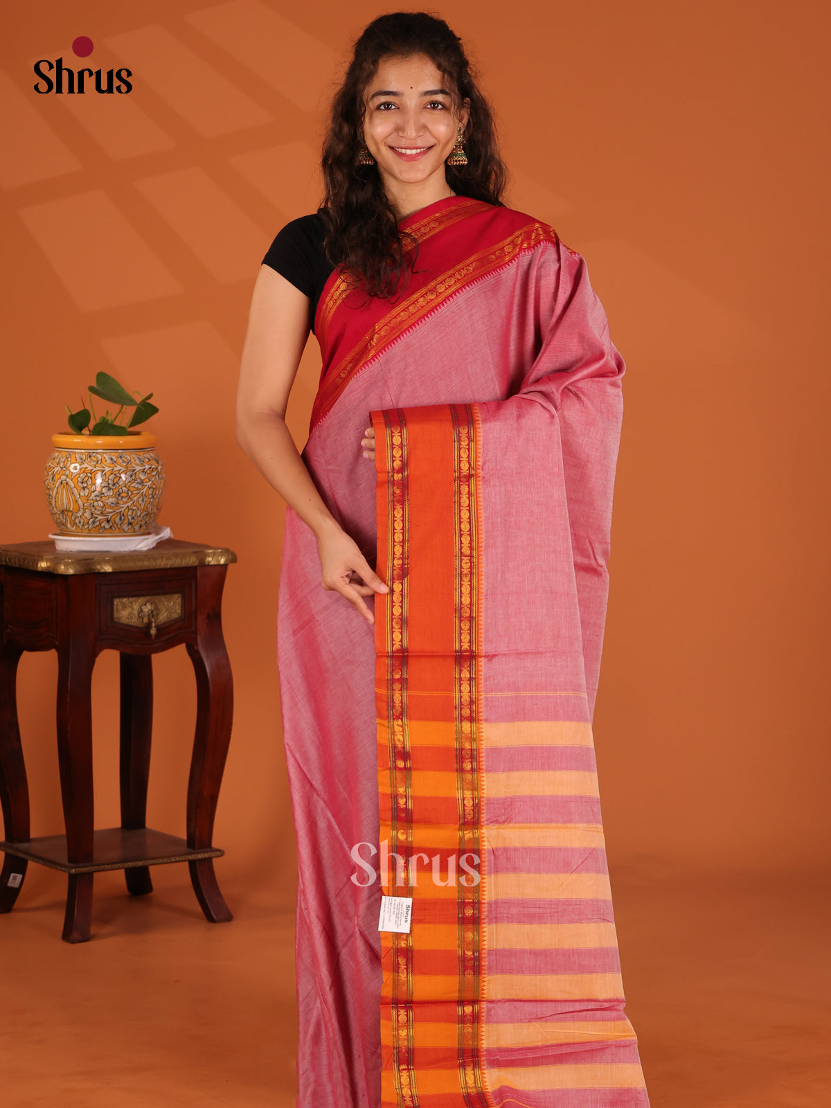 Pink with Orange - Narayanpet Cotton Saree - Shop on Shrus.com